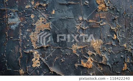 Grunge old rusty black metal wall sheet texture background wallpaper. Backdrop, abstract, tattered, artistic pattern, rust material, distressed, detailed composition 118422240