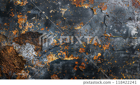 Grunge old rusty black metal wall sheet texture background wallpaper. Backdrop, abstract, tattered, artistic pattern, rust material, distressed, detailed composition 118422241