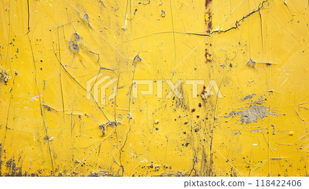 Grunge yellow metal paint cracks wall texture background wallpaper. backdrop, scratched, tattered, old rusty, distressed, worn out pattern 118422406