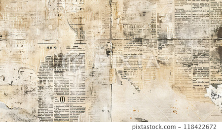 Grunge old yellow newspaper texture background wallpaper. Backdrop, weathered, worn out, abstract, tattered, artistic collage, paper, detailed composition 118422672