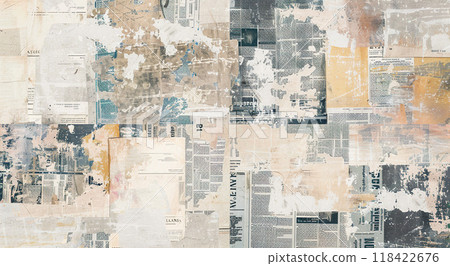 Grunge old yellow newspaper texture background wallpaper. Backdrop, weathered, worn out, abstract, tattered, artistic collage, paper, detailed composition 118422676