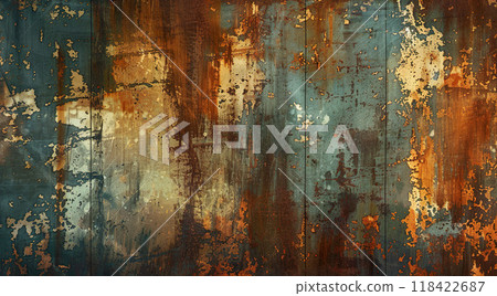 Grunge old rusty blue metal wall sheet texture background wallpaper. Backdrop, abstract, tattered, artistic pattern, brown rust material, distressed, detailed composition 118422687