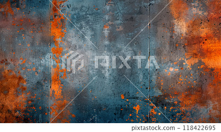 Grunge old rusty blue metal wall sheet texture background wallpaper. Backdrop, abstract, tattered, artistic pattern, brown rust material, distressed, detailed composition 118422695