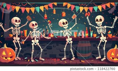 Skeletons having a Halloween party 118422760