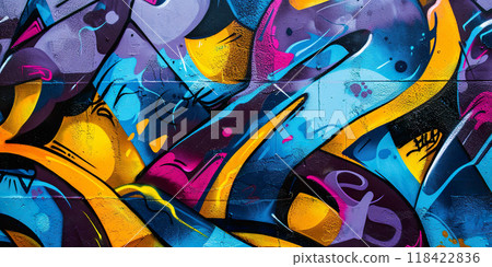 Graffiti street art abstract mural spray paint background wallpaper Backdrop. Tags, wildstyle throw up, piece, expressive wall painting in blue, purple, yellow and pink colors 118422836