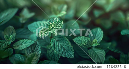 Green fresh mint leaves in daylight background wallpaper backdrop. Leaf, plant, copy space, refreshing Green fresh mint leaves in daylight background wallpaper backdrop. Leaf, plant, copy space, refreshing 118422848