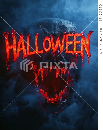 creepy demon in hell on halloween. inscription "HALLOWEEN" 118422930