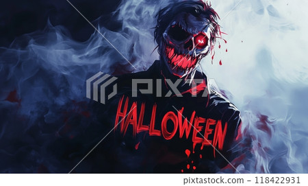 creepy demon in hell on halloween. inscription "HALLOWEEN" 118422931