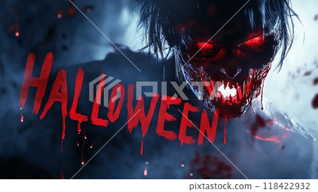 creepy demon in hell on halloween. inscription "HALLOWEEN" 118422932