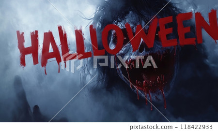 creepy demon in hell on halloween. inscription "HALLOWEEN" 118422933