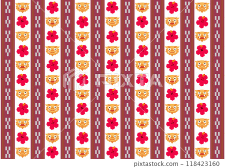 可愛的shisa、木槿和minsa編織圖案背景材料 118423160