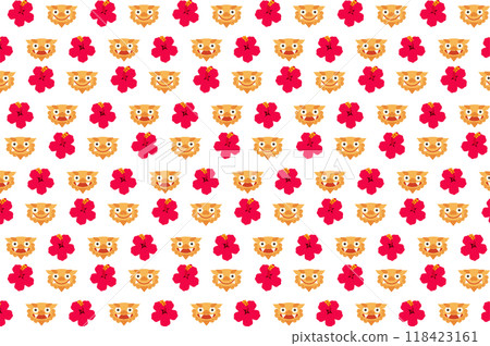 Cute Shisa and Hibiscus pattern background 118423161