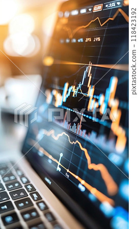 A laptop screen shows a graph with a downward trend 118423192