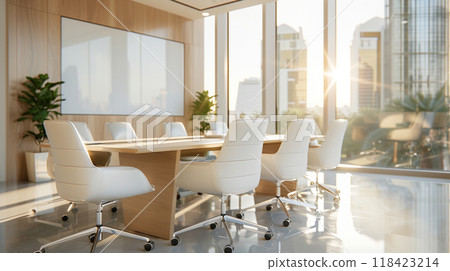 A large conference room with a white board and a large window 118423214
