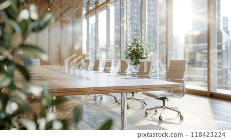 A large conference table with a view of the city A large conference table with a view of the city 118423224