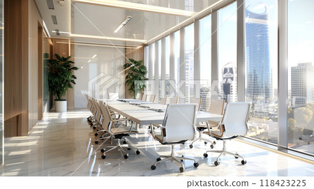 A large conference room with a long table and many chairs A large conference room with a long table and many chairs 118423225