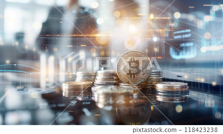 A stack of coins and a bitcoin coin on a table A stack of coins and a bitcoin coin on a table 118423238