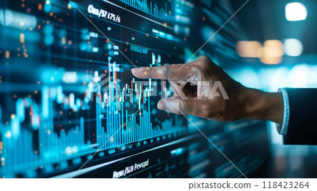 A hand is pointing at a screen with a lot of numbers and graphs A hand is pointing at a screen with a lot of numbers and graphs 118423264
