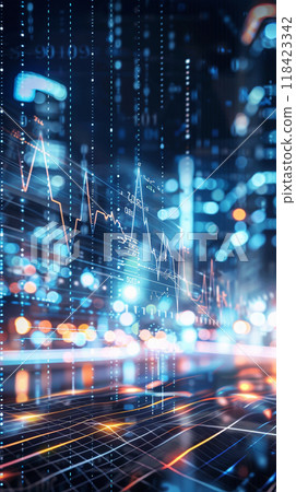 A city skyline with a lot of numbers and lines A city skyline with a lot of numbers and lines 118423342