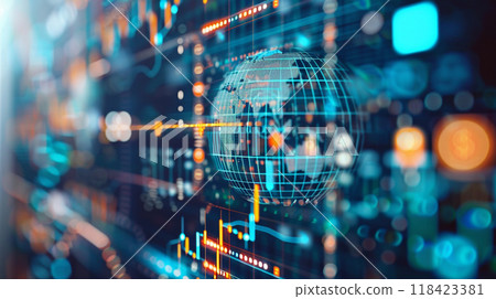 A computer screen shows a globe with a blue and orange background A computer screen shows a globe with a blue and orange background 118423381