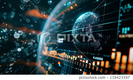 A computer screen shows a globe with a bunch of lines and numbers surrounding it A computer screen shows a globe with a bunch of lines and numbers surrounding it 118423397