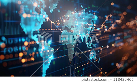 A computer screen shows a map of the world with a lot of lines and numbers A computer screen shows a map of the world with a lot of lines and numbers 118423405