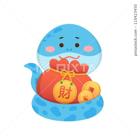 俏皮可愛的蛇角色或吉祥物與錢袋與金幣,爬蟲類,中國農曆新年的向量卡通人物 俏皮可愛的蛇角色或吉祥物與錢袋與金幣,爬蟲類,中國農曆新年的向量卡通人物 118423450