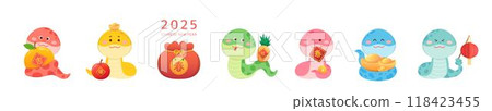 6 cute snake mascots or cartoon characters, playful and cute, vector elements for Chinese New Year 118423455