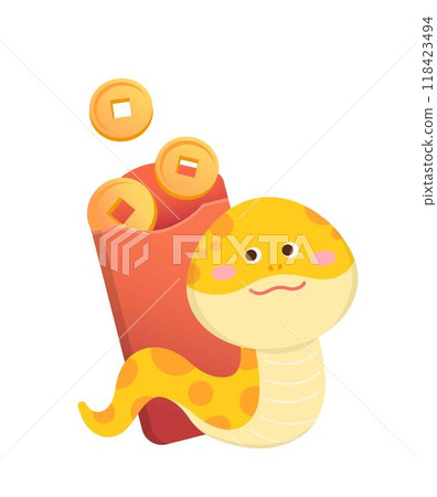 Playful and cute snake character or mascot with red paper bag or money bag, reptile, rich, chinese new year vector cartoon character 118423494