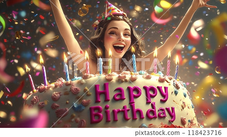 woman with cake, inscription "Happy Birthday" 118423716