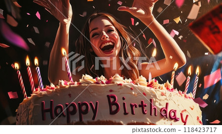 woman with cake, inscription "Happy Birthday" 118423717