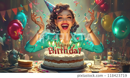 woman with cake, inscription "Happy Birthday" 118423719