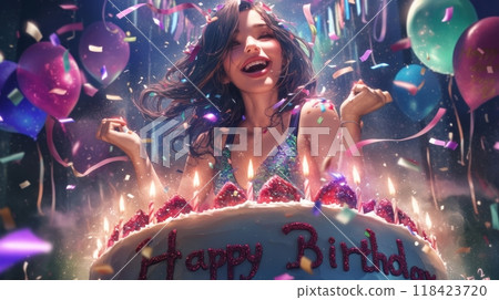 woman with cake, inscription "Happy Birthday" 118423720