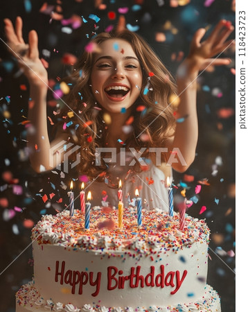 woman with cake, inscription "Happy Birthday" woman with cake, inscription "Happy Birthday" 118423723