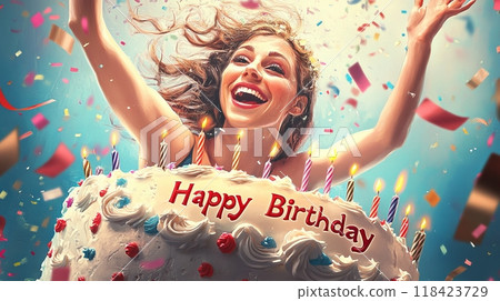 woman with cake, inscription "Happy Birthday" woman with cake, inscription "Happy Birthday" 118423729