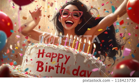 woman with cake, inscription "Happy Birthday" woman with cake, inscription "Happy Birthday" 118423730