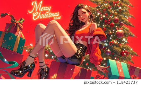 woman in santa style, inscription "merry christmas" woman in santa style, inscription "merry christmas" 118423737