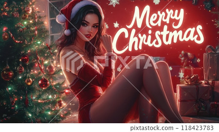 woman in santa style, inscription "merry christmas" woman in santa style, inscription "merry christmas" 118423783