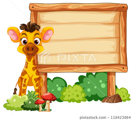 Giraffe with Wooden Signboard 118423864