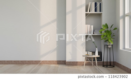Luxurious contemporary white room features a space against a white wall and home decor. 118423902
