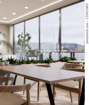 A modern restaurant in a skyscraper features minimal wooden tables, armchairs, and indoor plants. 118423903
