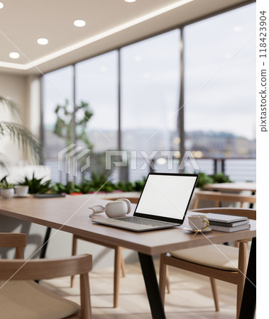 A laptop mockup on a wooden table in a modern coffee shop or office lounge in a skyscraper. A laptop mockup on a wooden table in a modern coffee shop or office lounge in a skyscraper. 118423904