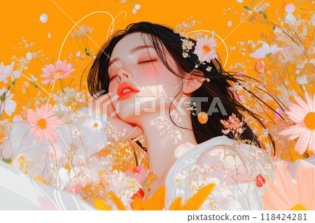 A girl sleeping in a flower field 118424281