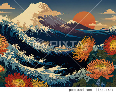 Mount Fuji, big waves and chrysanthemum flowers Mount Fuji, big waves and chrysanthemum flowers 118424385
