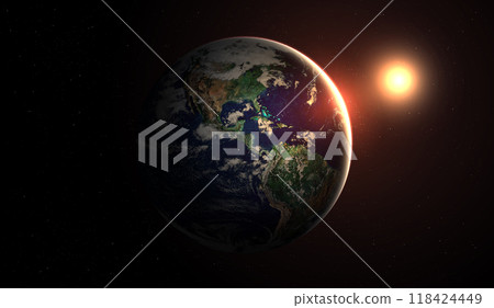 Surface of Earth planet in deep space. star and galaxy planet in outer space. view from orbit. Elements of this image furnished by NASA. 118424449
