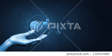Hand holding heart for medicine and health care. health insurance health concept. health insurance business for hospital. heartbeat lone, cardiogram. 118424460
