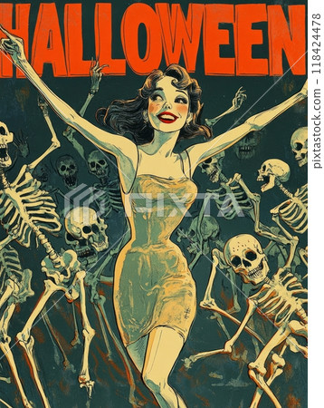 female demon in hell on halloween. inscription "HALLOWEEN" female demon in hell on halloween. inscription "HALLOWEEN" 118424478