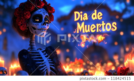 Woman on Day of the Dead.   inscription "Dia de Muertos" 118424515