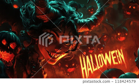 female demon in hell on halloween. inscription "HALLOWEEN" 118424579