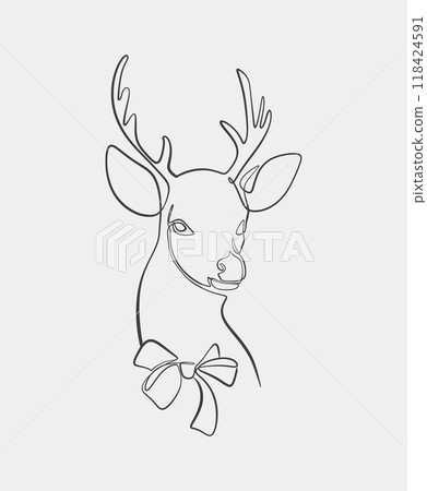 Minimalist Line Drawing of Christmas Deer with Bow Minimalist Line Drawing of Christmas Deer with Bow 118424591
